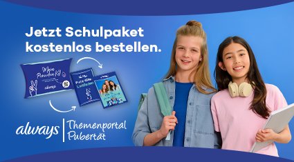Mädchen lächeln in Kamera; Aufforderung zur Bestellung des Schulpakets